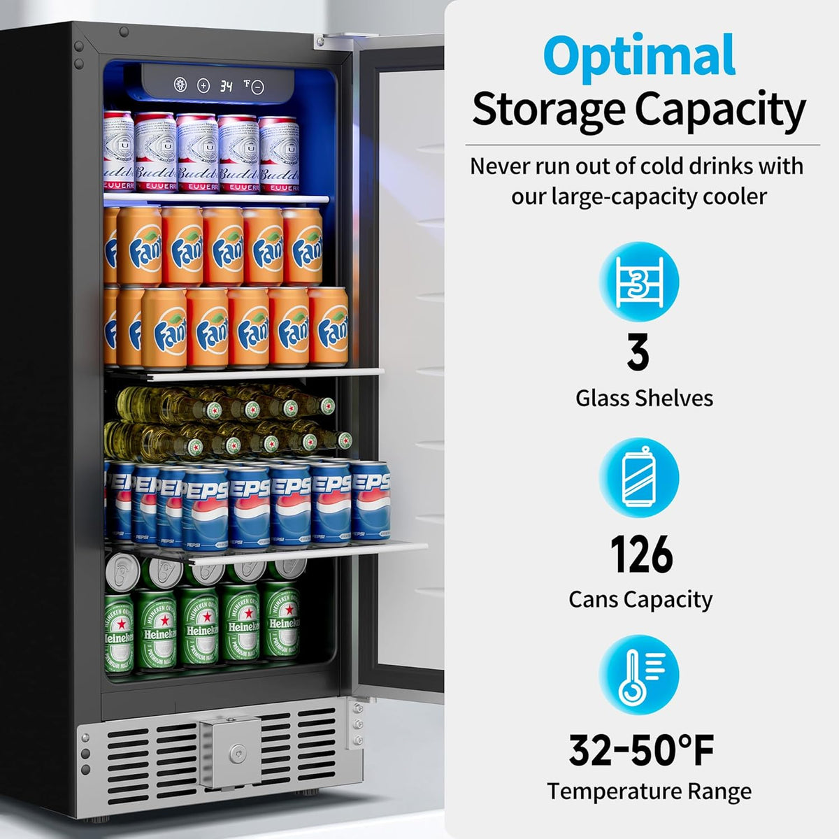 15 Inch Undercounter Beverage Refrigerator - 126 Cans Beverage Fridge with Stainless Steel Door for