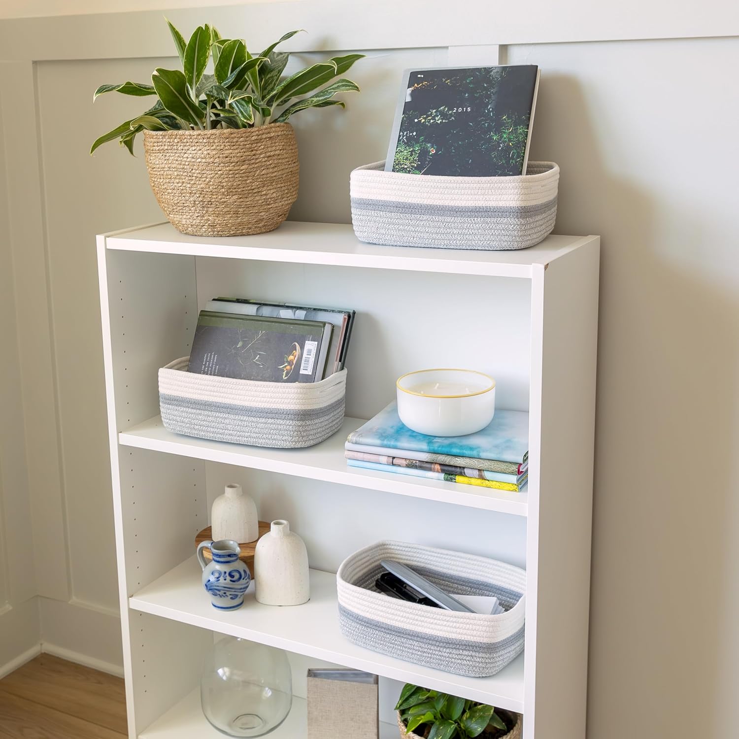 NaturalCozy 11.8"x8"x4.5” Storage Baskets for Shelves 3 Pack | Cotton Rope Woven Small Baskets for