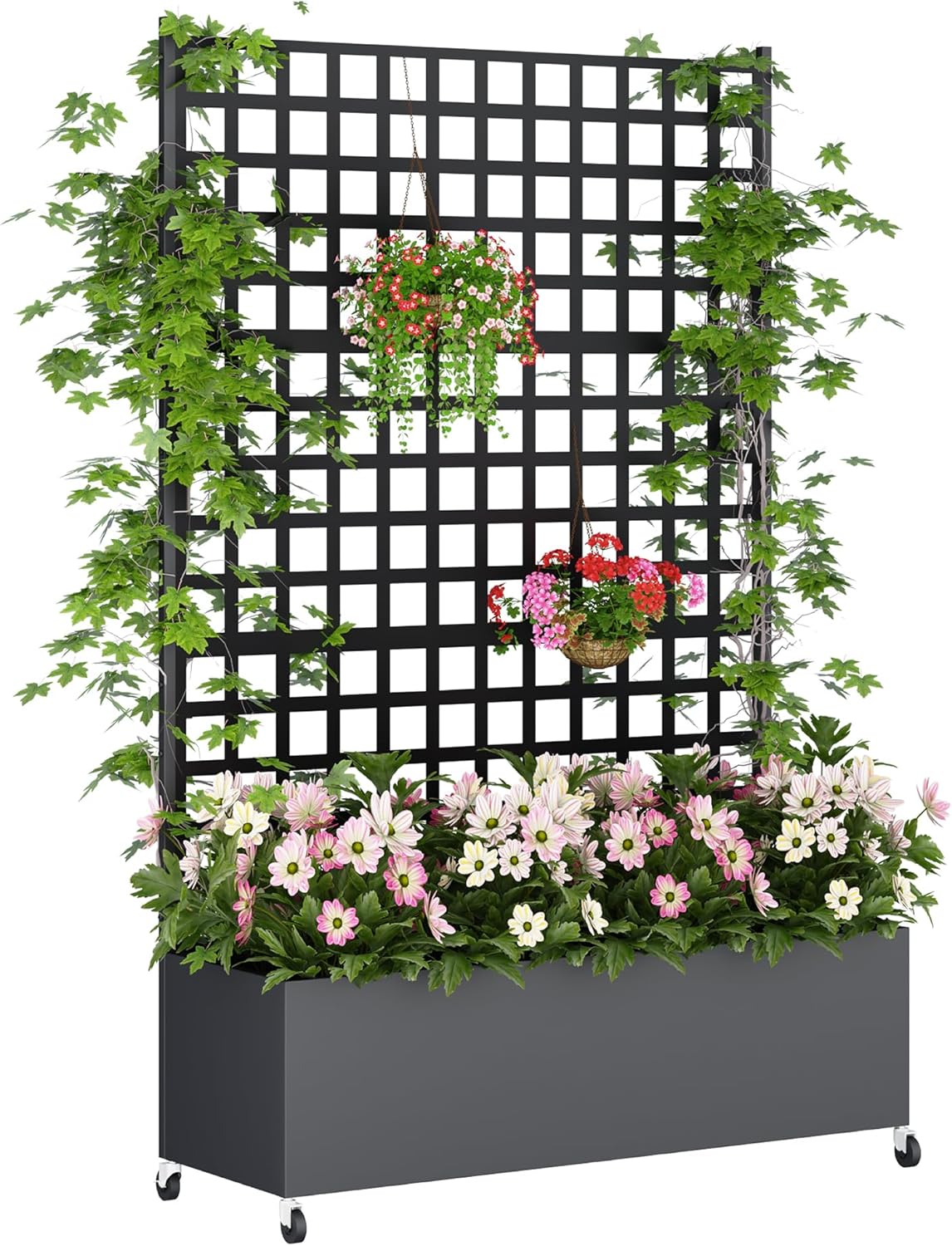 Metal Planter Box with Trellis Privacy Screen, Raised Garden Bed with Lattice Trellis & Wheels