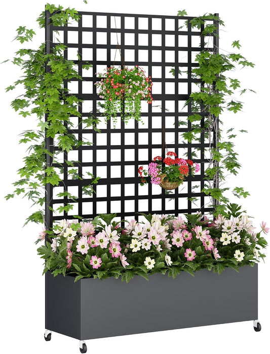 Metal Planter Box with Trellis Privacy Screen, Raised Garden Bed with Lattice Trellis & Wheels