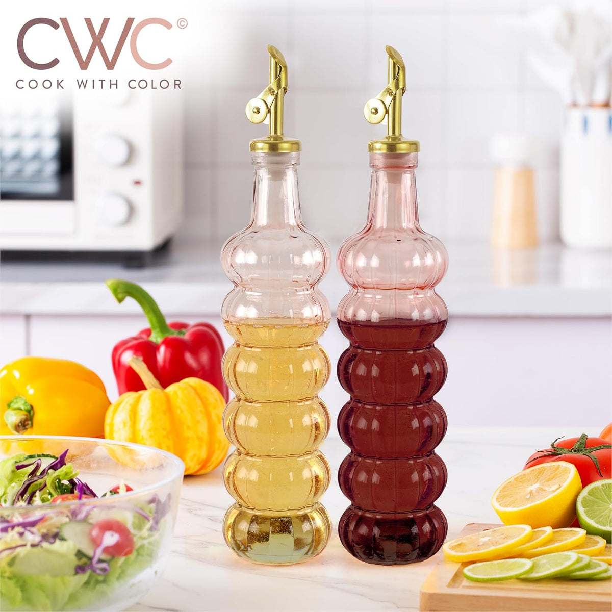 COOK WITH COLOR Glass Olive Oil Bottle Dispenser - 2 Pack- 17oz Oil and Vinegar Cruet - Olive Oil