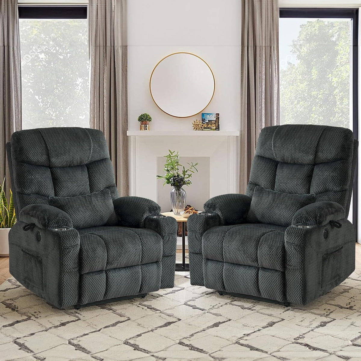 Oversized Dual Motor Lay Flat Power Lift Recliner Chair Set of 2 for Elderly with Massage and Heat