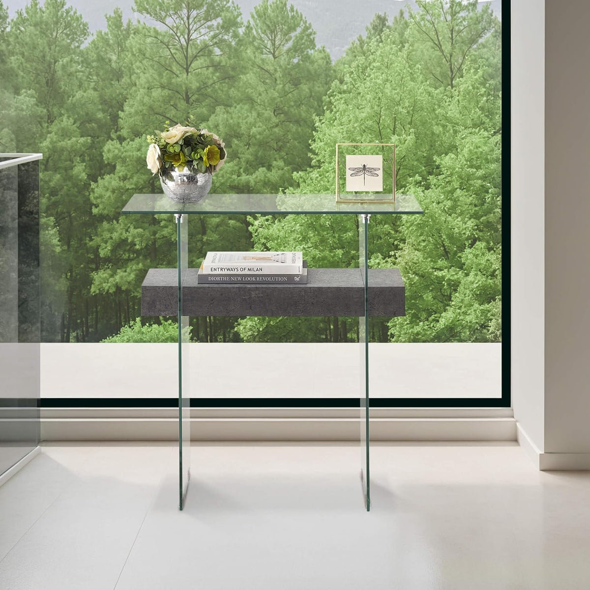 ivinta Narrow Glass Console Table with Storage, 31.5'' Modern Entryway Table with Storage Shelves