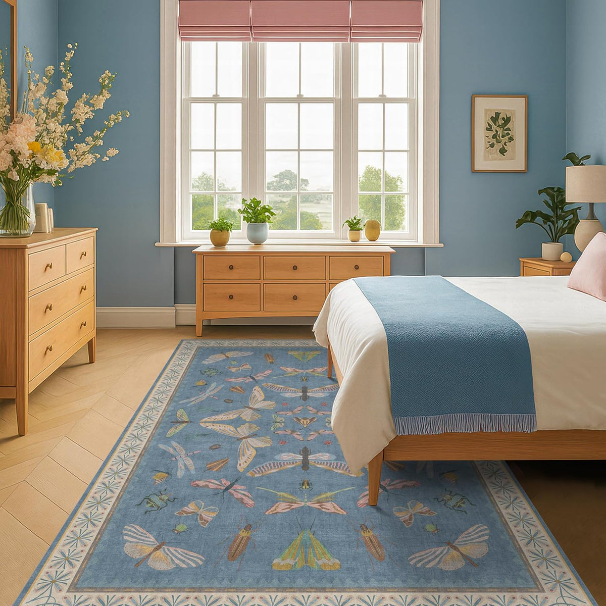Modern Rugs for Living Room - 5x8 Moth Blue Carpet for Bedroom Under Bed, Girls Room Rug for Kids