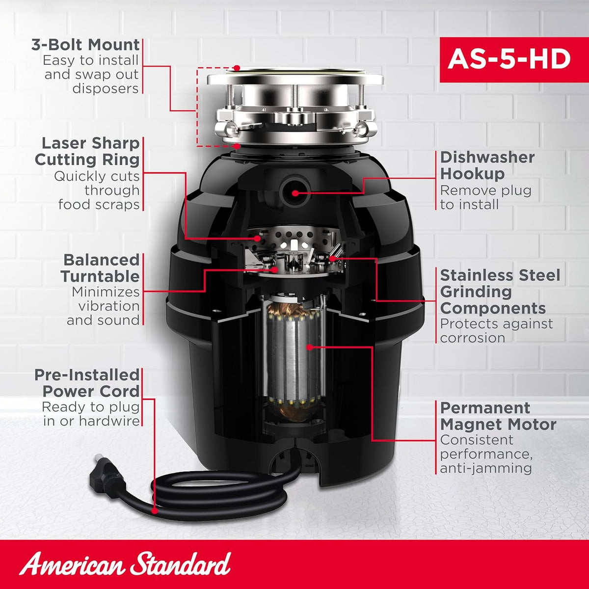 American Standard 10-US-AS-5-HD Garbage Disposal Anti-Jam Stainless Steel Food Waste Grinding
