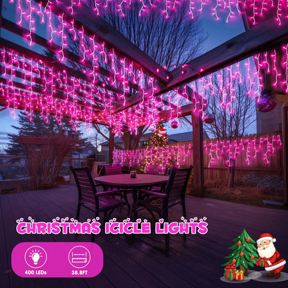 JMEXSUSS 400 LED Pink Christmas Icicle Lights, Connectable Pink Christmas Lights Indoor Outdoor