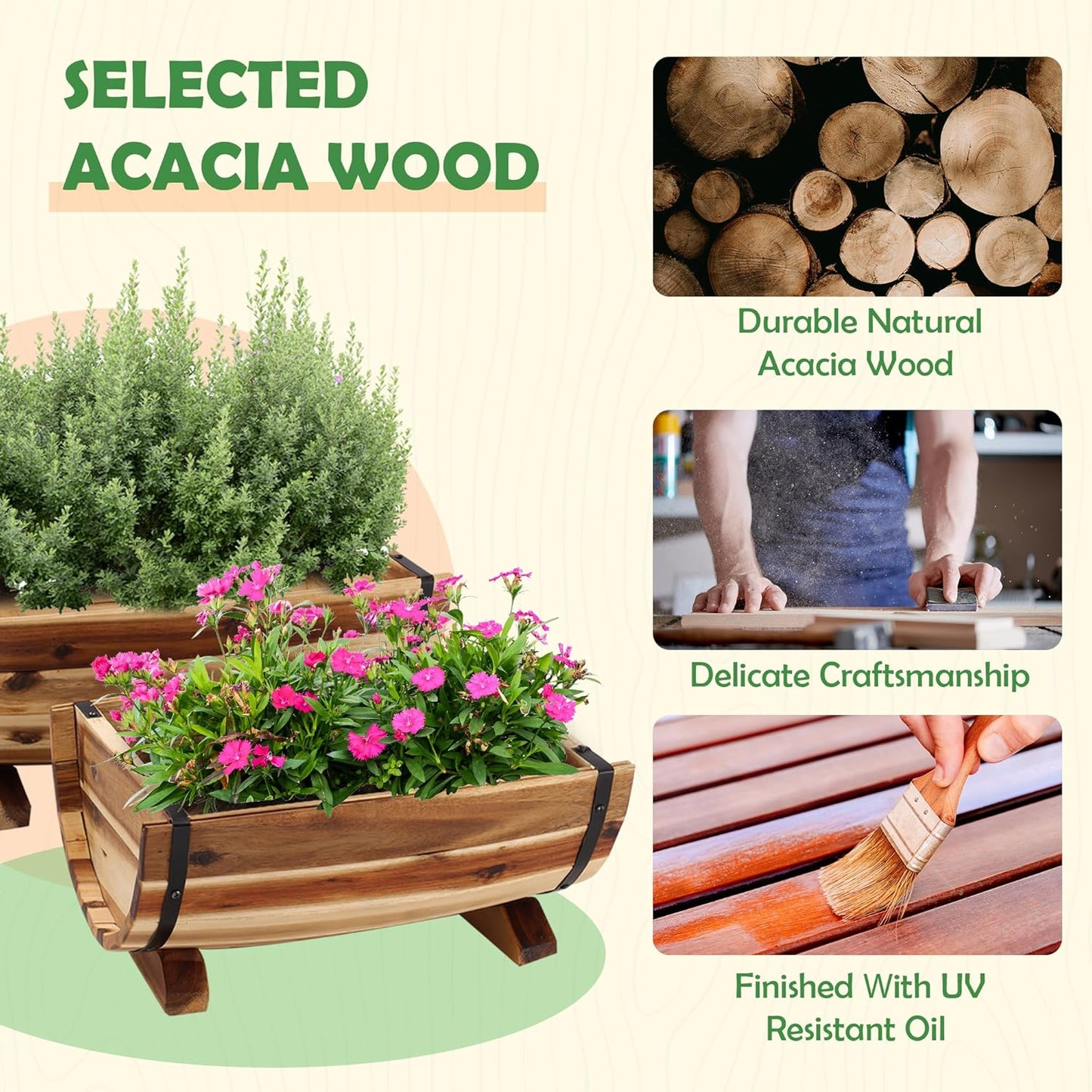 IDZO Solid Acacia Wood Half Barrel Planters Outdoor Set of 2 Different Sizes, Wooden Planters for