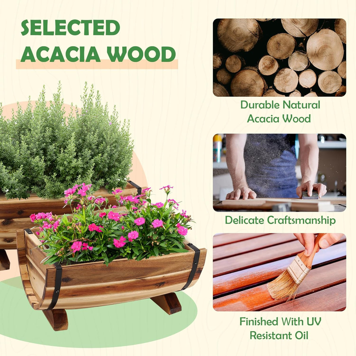 IDZO Solid Acacia Wood Half Barrel Planters Outdoor Set of 2 Different Sizes, Wooden Planters for