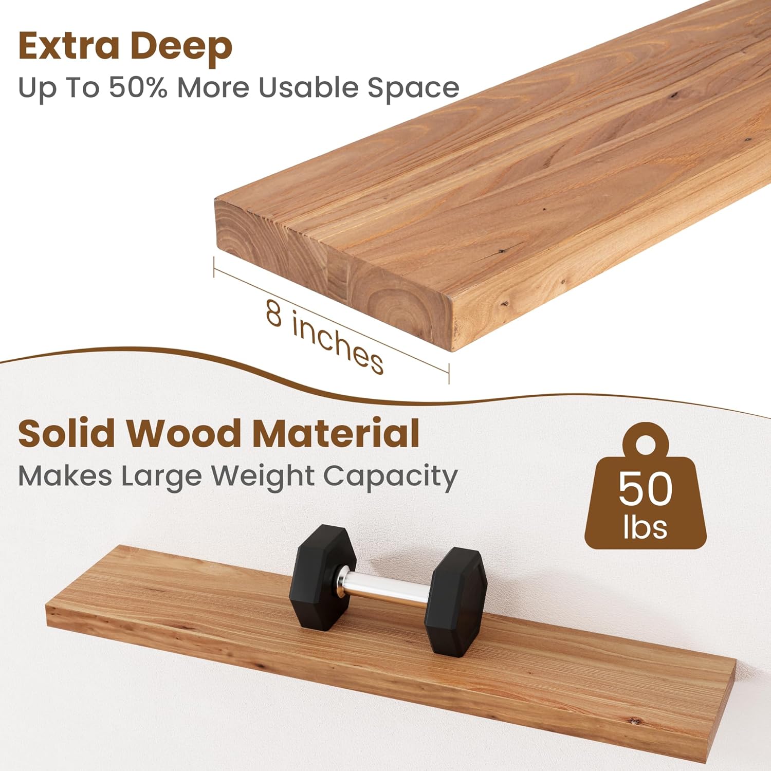 Floating Shelves for Wall Decor, 8" Deep Rustic Solid Elm Wood Floating Shelves Wall Mounted, Wall