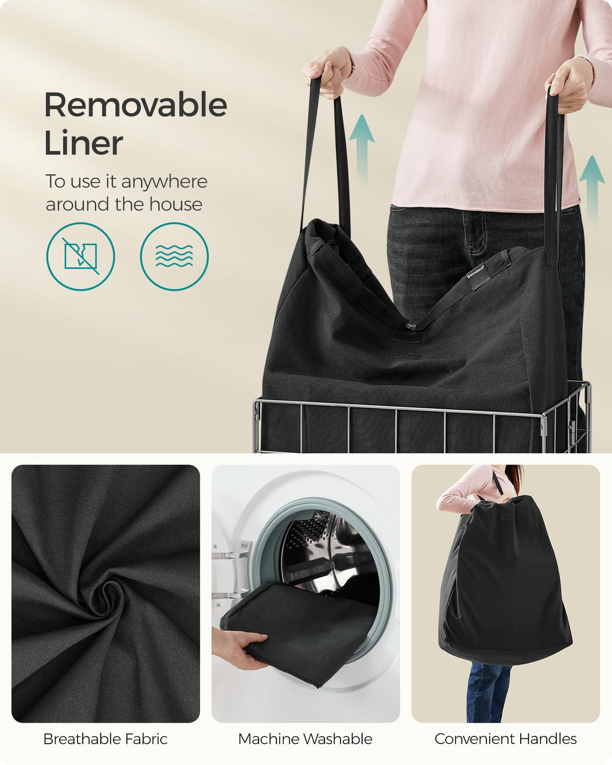 SONGMICS Laundry Hamper, 23.8 Gal. (90L) Laundry Basket, Collapsible Clothes Hamper, Removable and