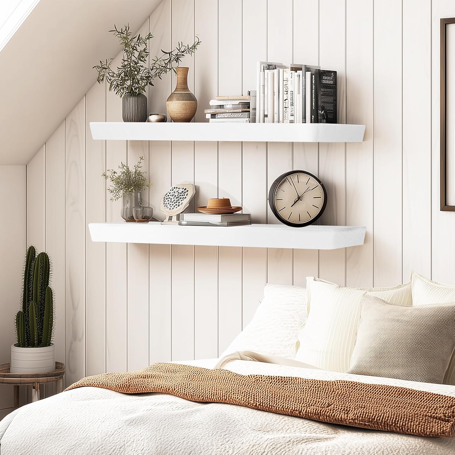 36"x6.8"x1.6" Slanted Floating Wall Shelves 2-Pack - Rustic White Finish, Heavy-Duty Solid Wood