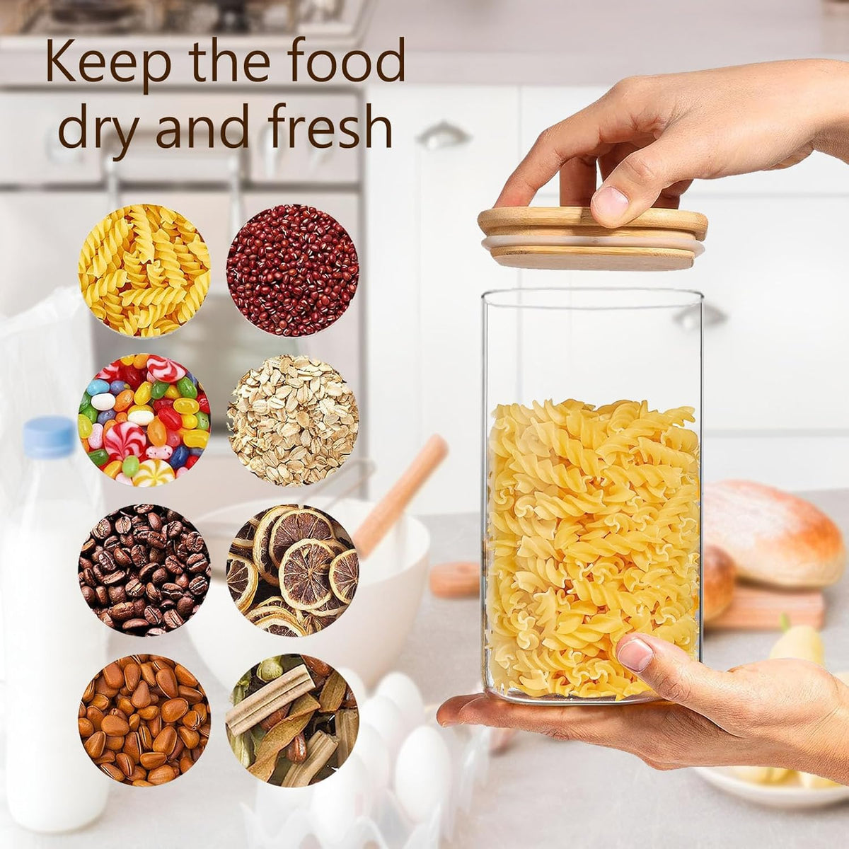 Square Glass Jars Canister with Wood Lid 50 FL OZ [Set of 3], Container Jar with Sealing, Lids for