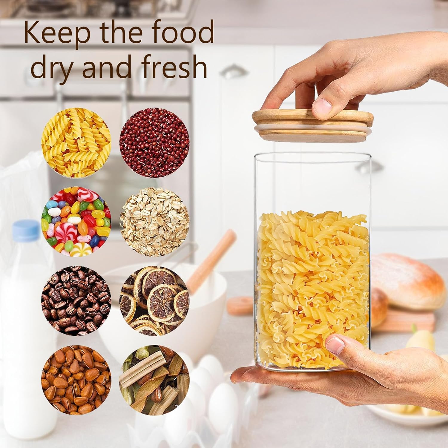 Square Glass Jars Canister with Wood Lid 50 FL OZ [Set of 3], Container Jar with Sealing, Lids for