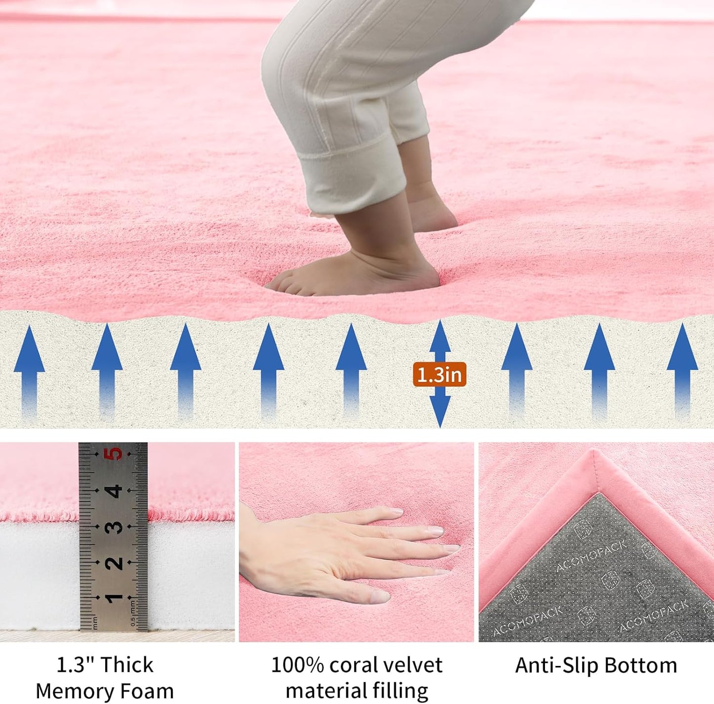 ACOMOPACK Baby Play Mat for Floor,1.3" Thick Memory Foam Area Rug for Living Room,Soft Velvet