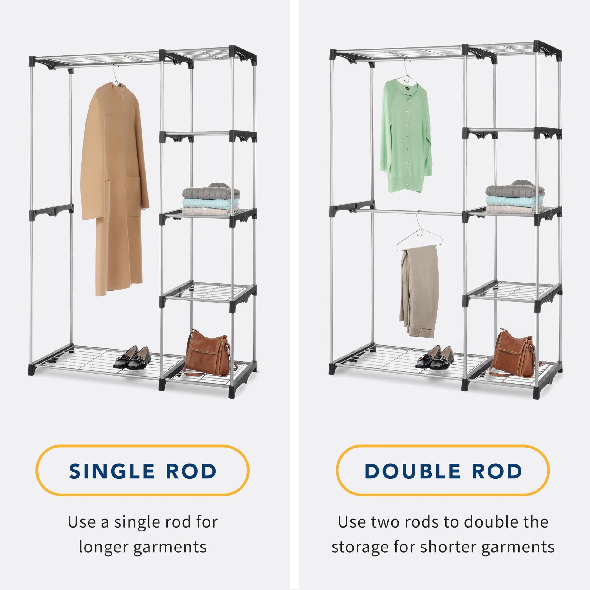 Whitmor Metal Hanging Closet Organizer, Clothes Rack for Hanging Clothes, Double Rod Closet, Metal
