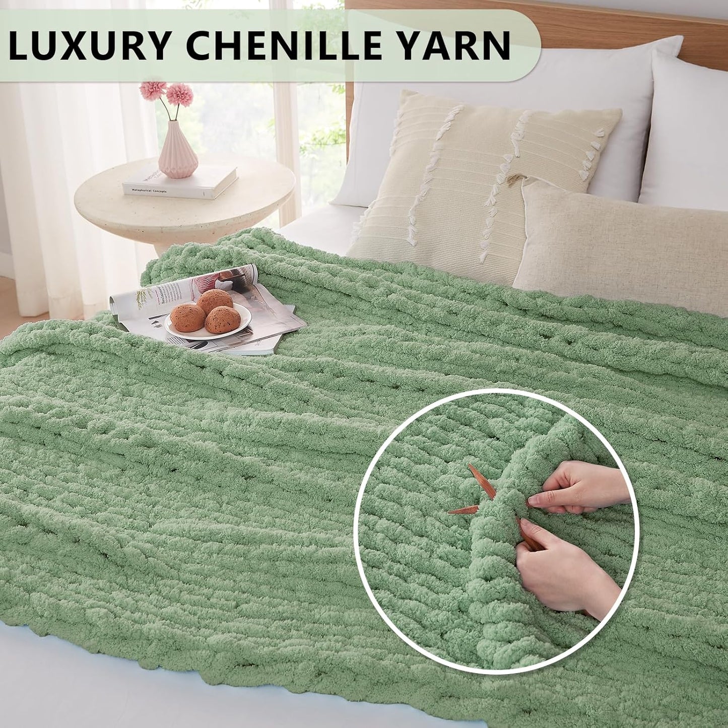 L'AGRATY Chunky Knit Blanket Throw: 80''x90'' Chenille Chunky Knitted Throw Blanket for Bed Couch