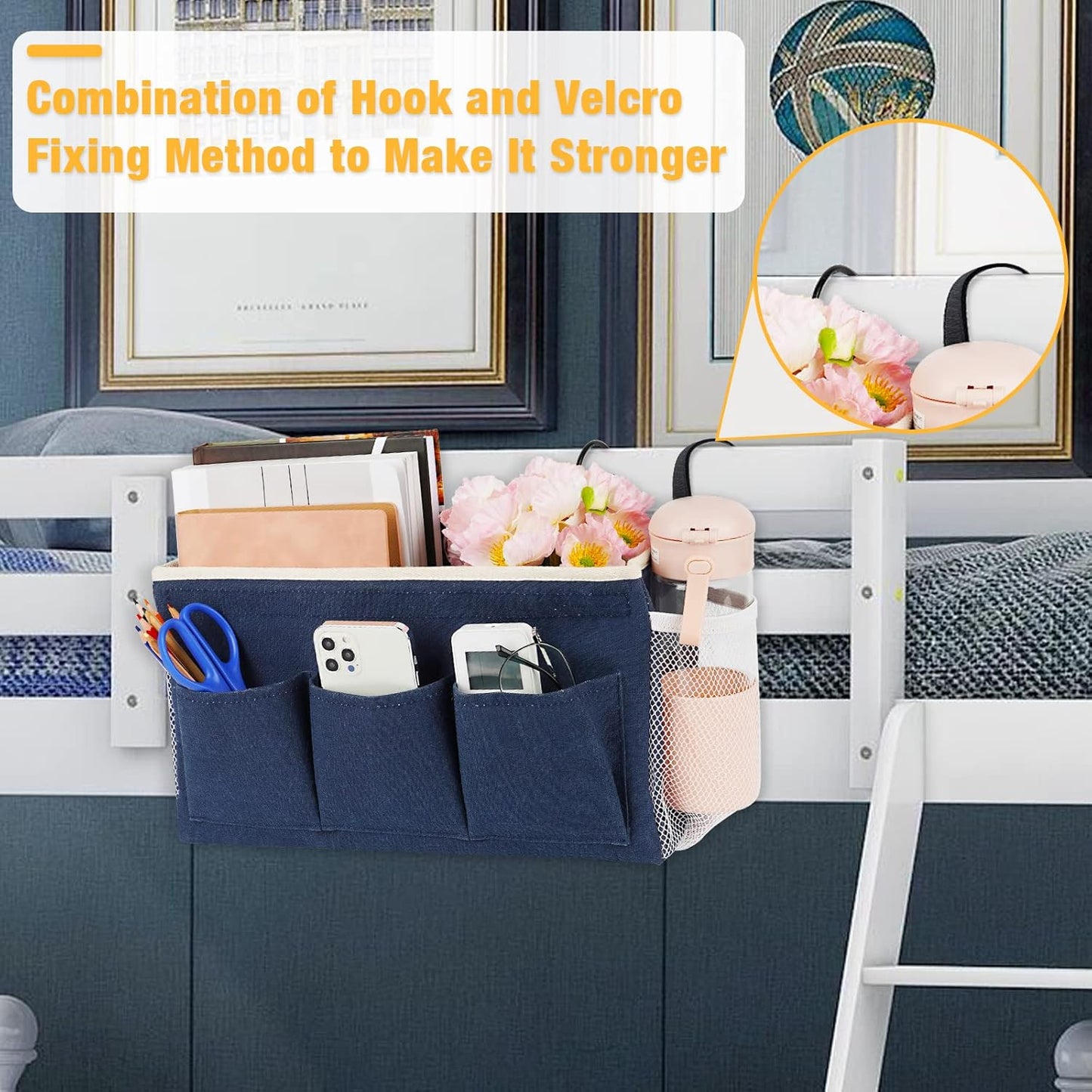 Bedside Caddy Bedside Organizer Bedside Storage Caddy with Fixed Straps and Water Bottle Holder for