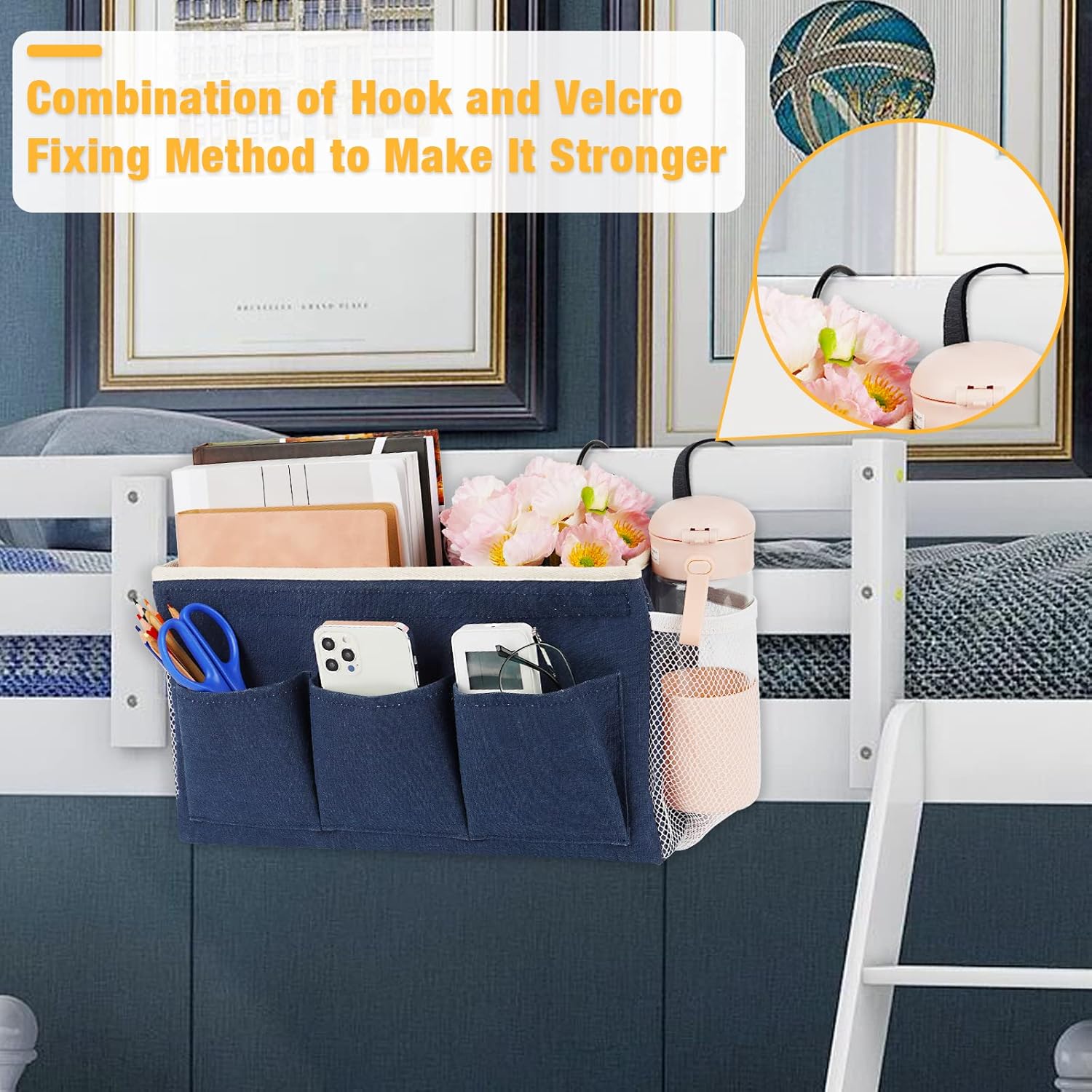 Bedside Caddy Bedside Organizer Bedside Storage Caddy with Fixed Straps and Water Bottle Holder for