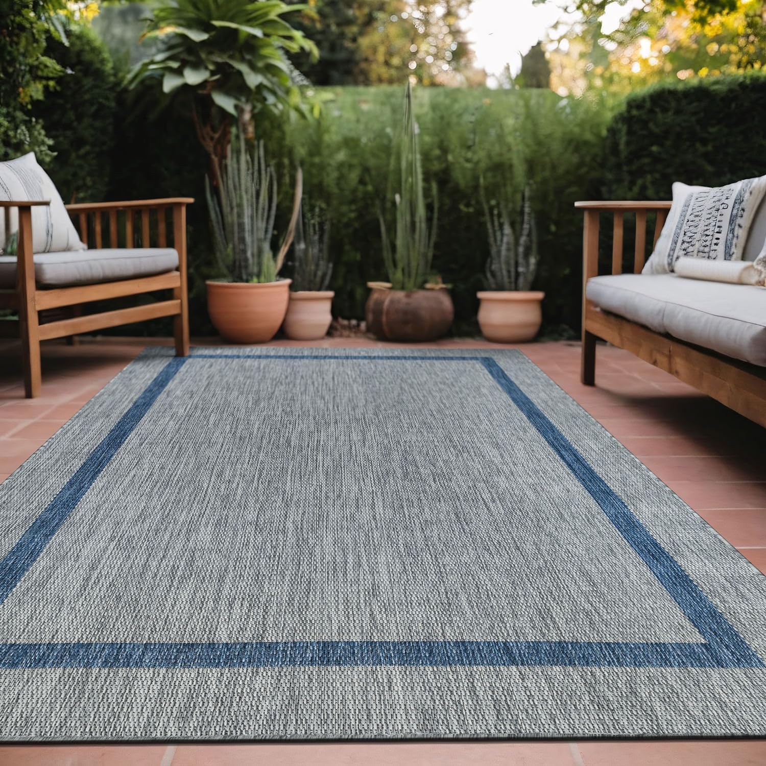 Bordered Outdoor Rug 8x10 Washable Outside Carpet for Indoor Patio Porch Waterproof Easy Cleaning