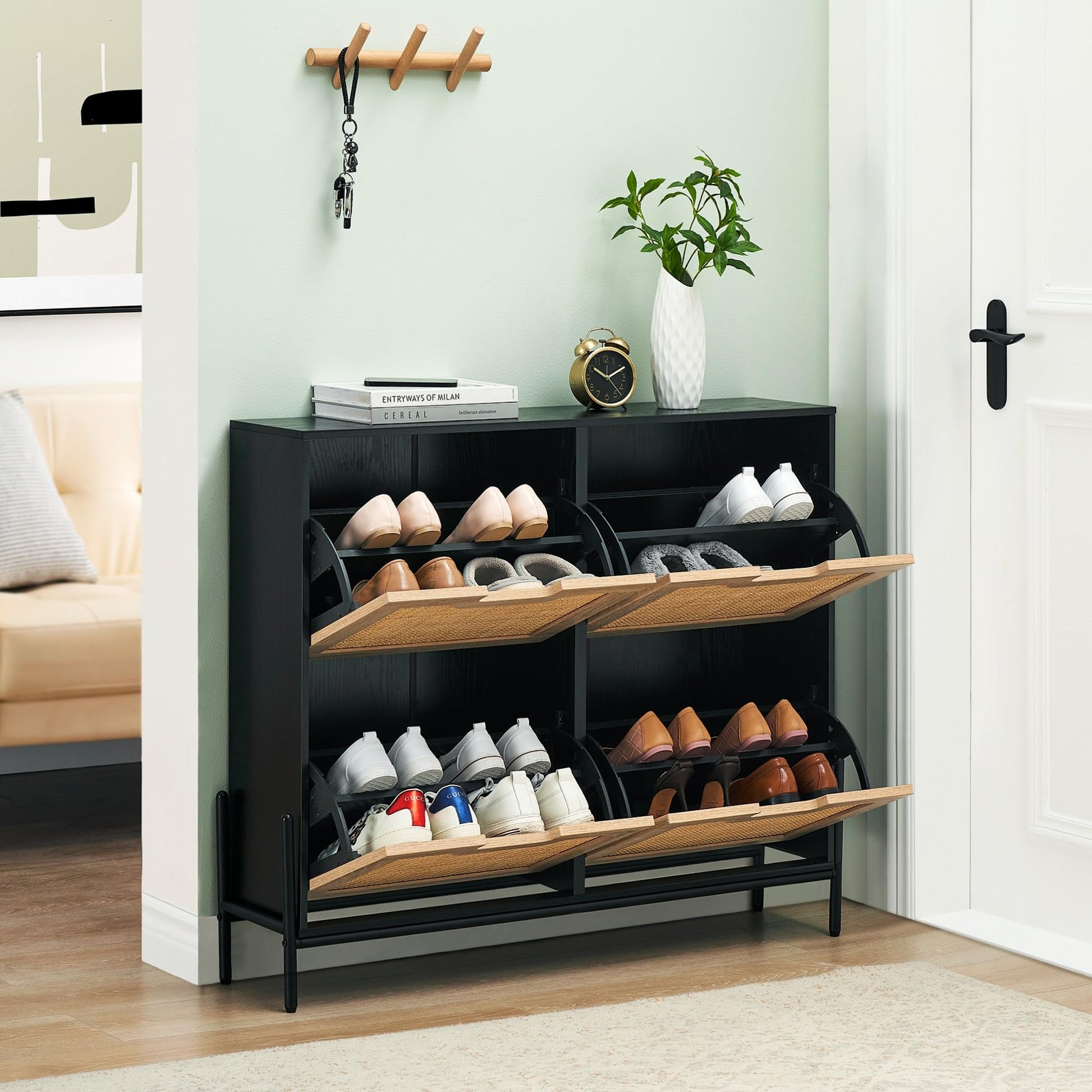 GAOMON Natural Rattan 4 Flip Door Shoe Rack Storage Cabinet, Shoe Cabinet Organizer Freestanding
