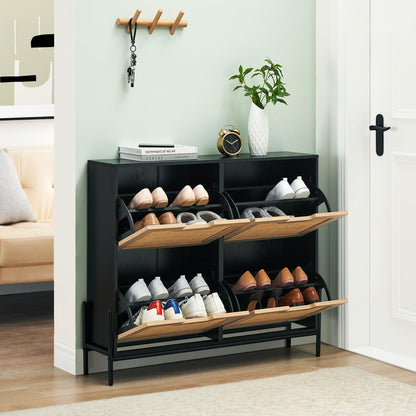 GAOMON Natural Rattan 4 Flip Door Shoe Rack Storage Cabinet, Shoe Cabinet Organizer Freestanding