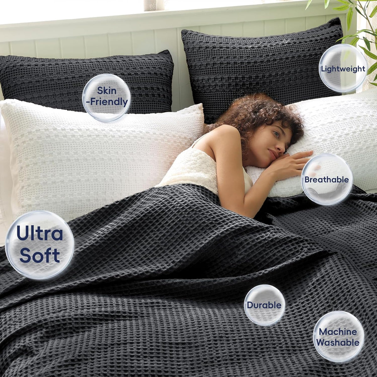PHF Ultra Soft Waffle Weave Throw Blanket 50"x 60"- Washed Lightweight Breathablee Cozy Woven