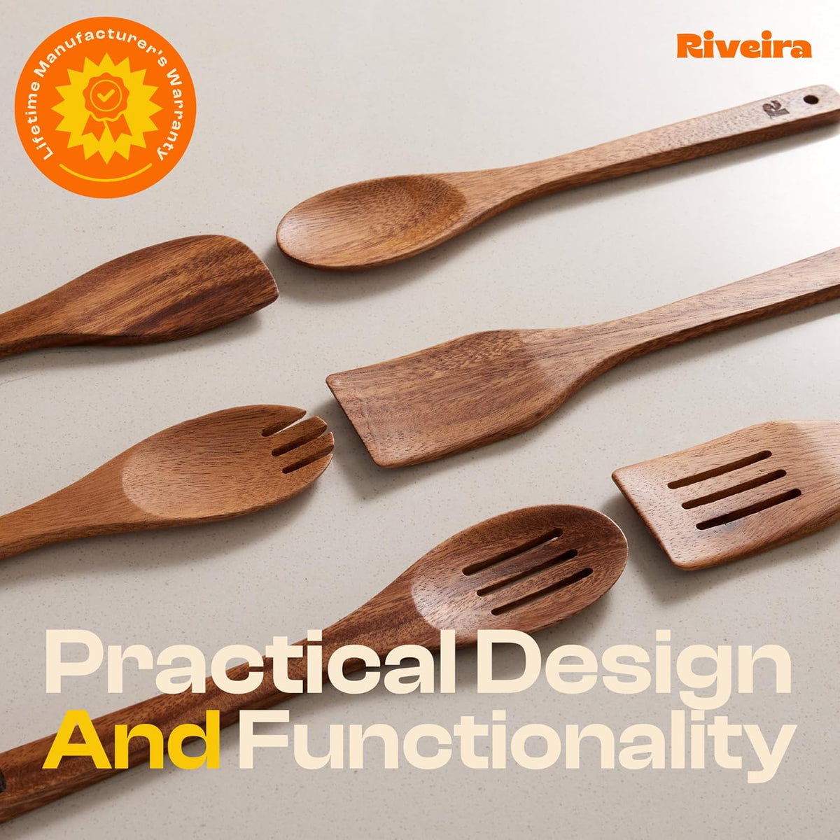 Riveira Walnut Wooden Spoons for Cooking Set of 6 – Natural Walnut Wooden Cooking Utensils