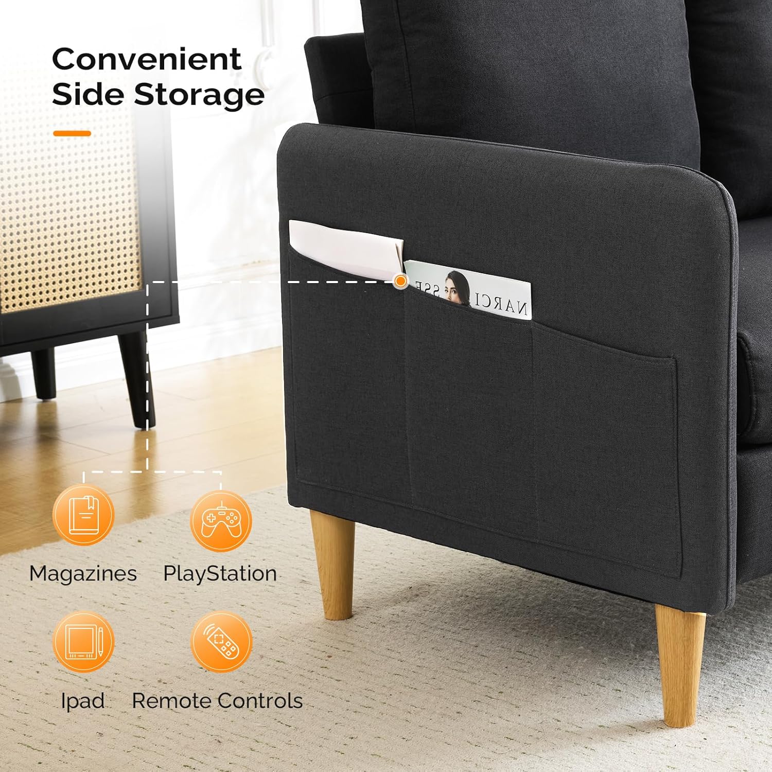 VINGLI 47" Small Couch, Linen Loveseat Sofa Black Mini Couch Mid Century Modern Decor Love Seat for