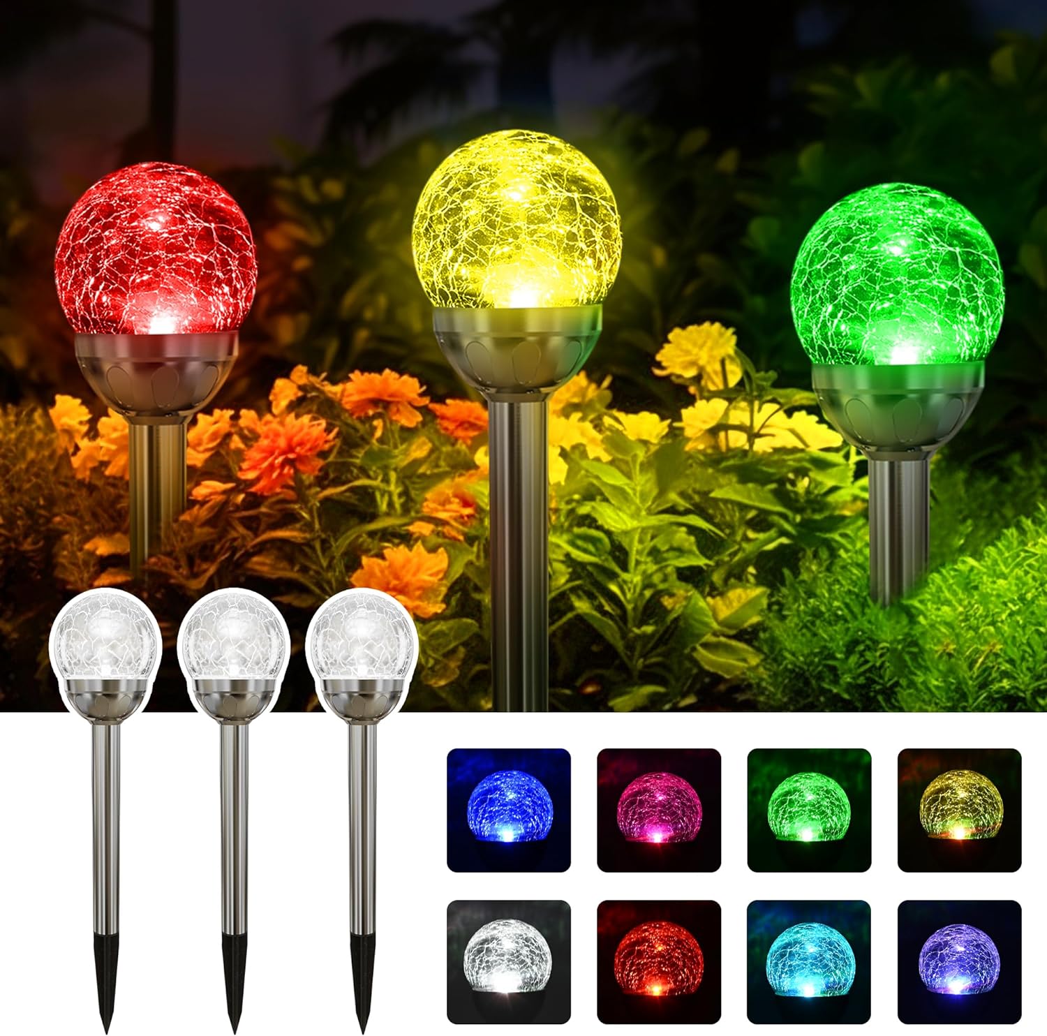 SOLPEX Solar Garden Lights Outdoor, 3 Pack Multi-Color Changing&White 2 Modes Solar Powered Glass