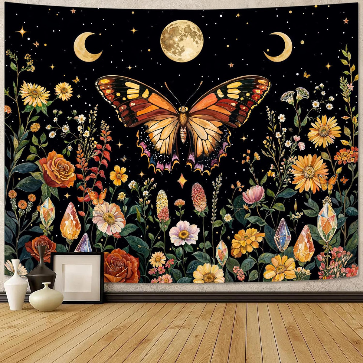 Lunerfex Boho Butterfly Tapestry Flower Moon Wall Tapestry, Moon Phases Tapestries for Bedroom Cute