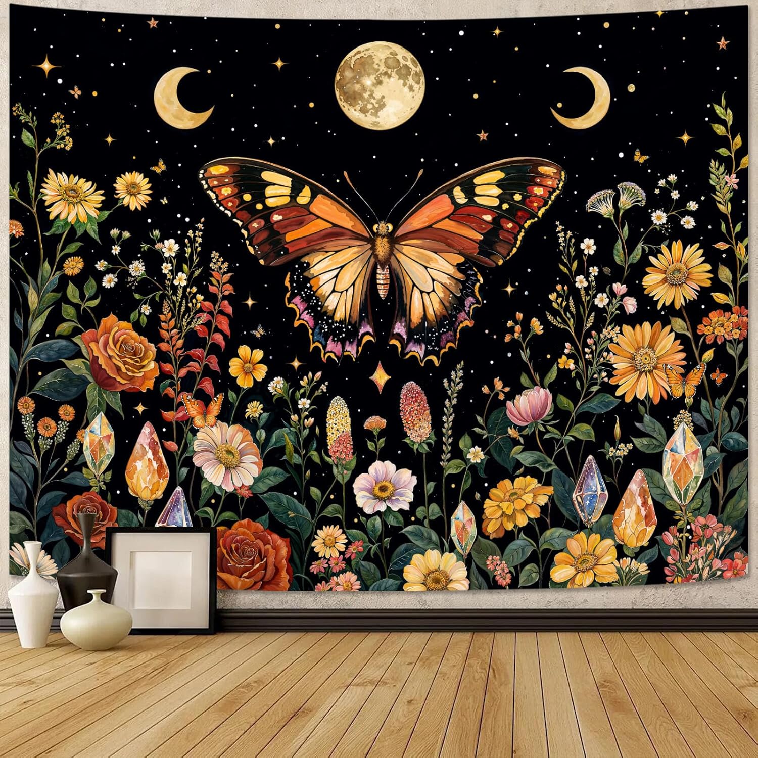 Lunerfex Boho Butterfly Tapestry Flower Moon Wall Tapestry, Moon Phases Tapestries for Bedroom Cute