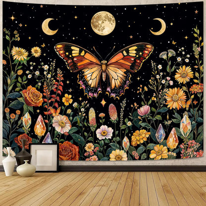 Lunerfex Boho Butterfly Tapestry Flower Moon Wall Tapestry, Moon Phases Tapestries for Bedroom Cute