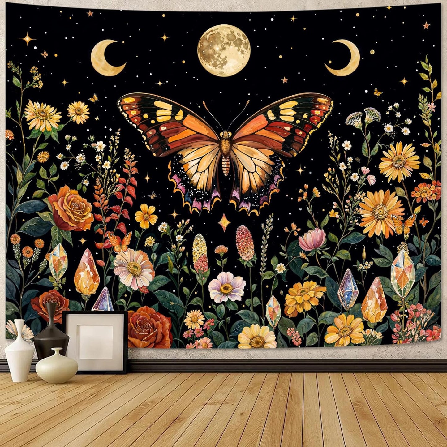 Lunerfex Boho Butterfly Tapestry Flower Moon Wall Tapestry, Moon Phases Tapestries for Bedroom Cute