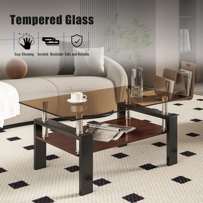 39" Brown Glass Coffee Table Walnut Modern Living Room Center Table Rectangle, with Wooden MDF