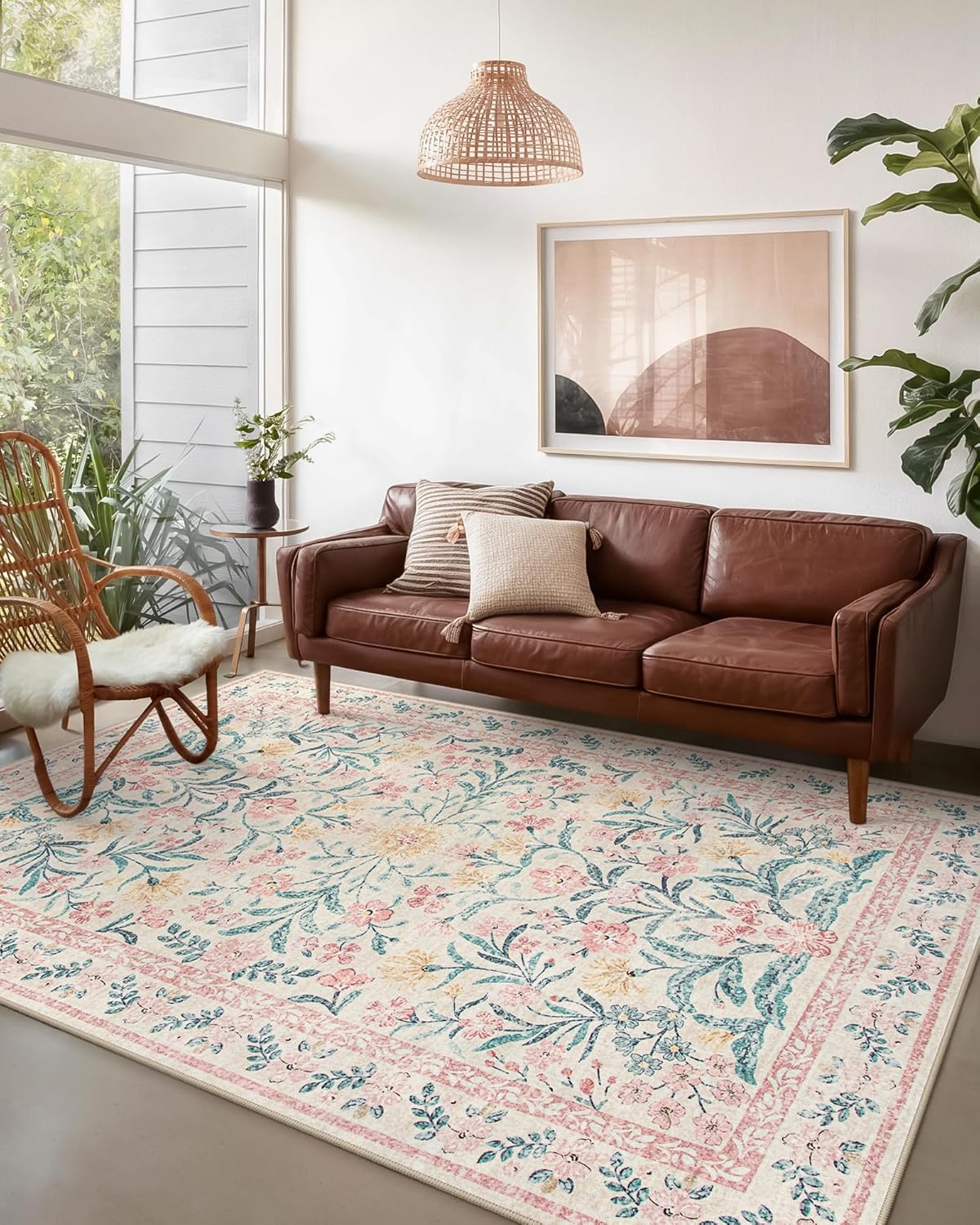 Wonnitar Machine Washable 5x7 Nursery Rug, Pink Rugs for Bedroom Girls, Boho Soft Floral Carpet Non