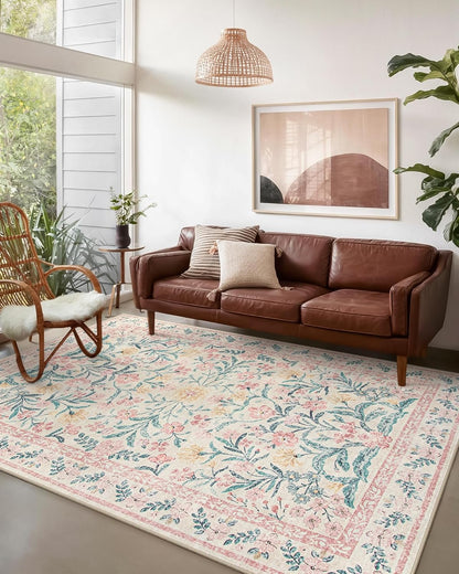 Wonnitar Machine Washable 5x7 Nursery Rug, Pink Rugs for Bedroom Girls, Boho Soft Floral Carpet Non