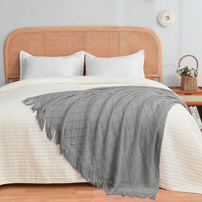 inhand Knitted Throw Blankets for Couch and Bed, Soft Cozy Knit Blanket with Tassel, Light Grey