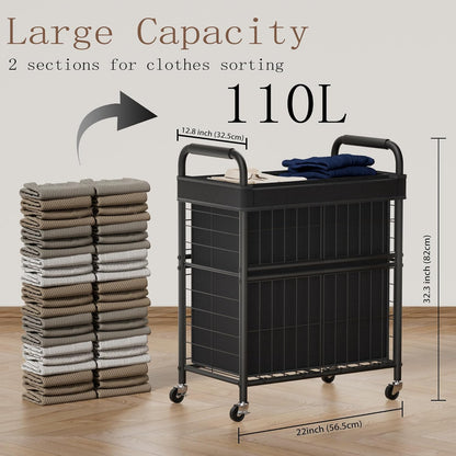 Laundry Hamper 2 Section, 110L Rolling Laundry Sorter Basket with Wheels, 2 Compartment Clothes