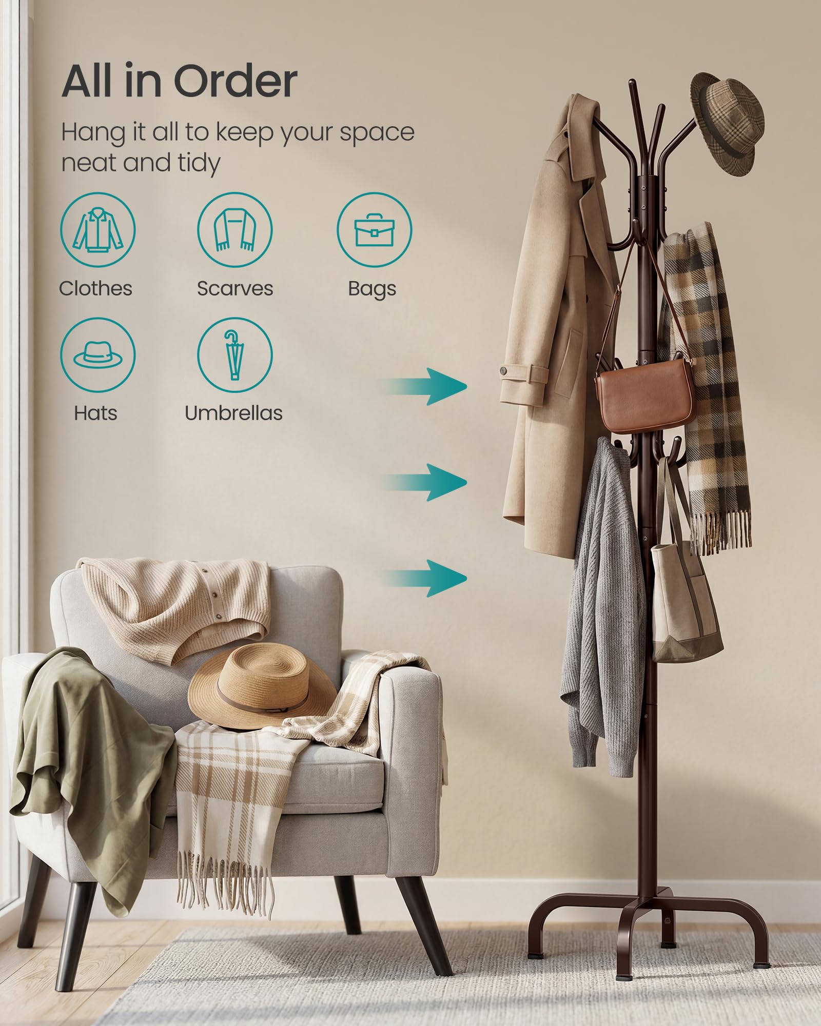 SONGMICS Coat Rack Freestanding with 16 Hooks, Metal Coat Tree Stand with 4 Adjustable Feet