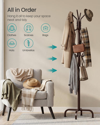 SONGMICS Coat Rack Freestanding with 16 Hooks, Metal Coat Tree Stand with 4 Adjustable Feet