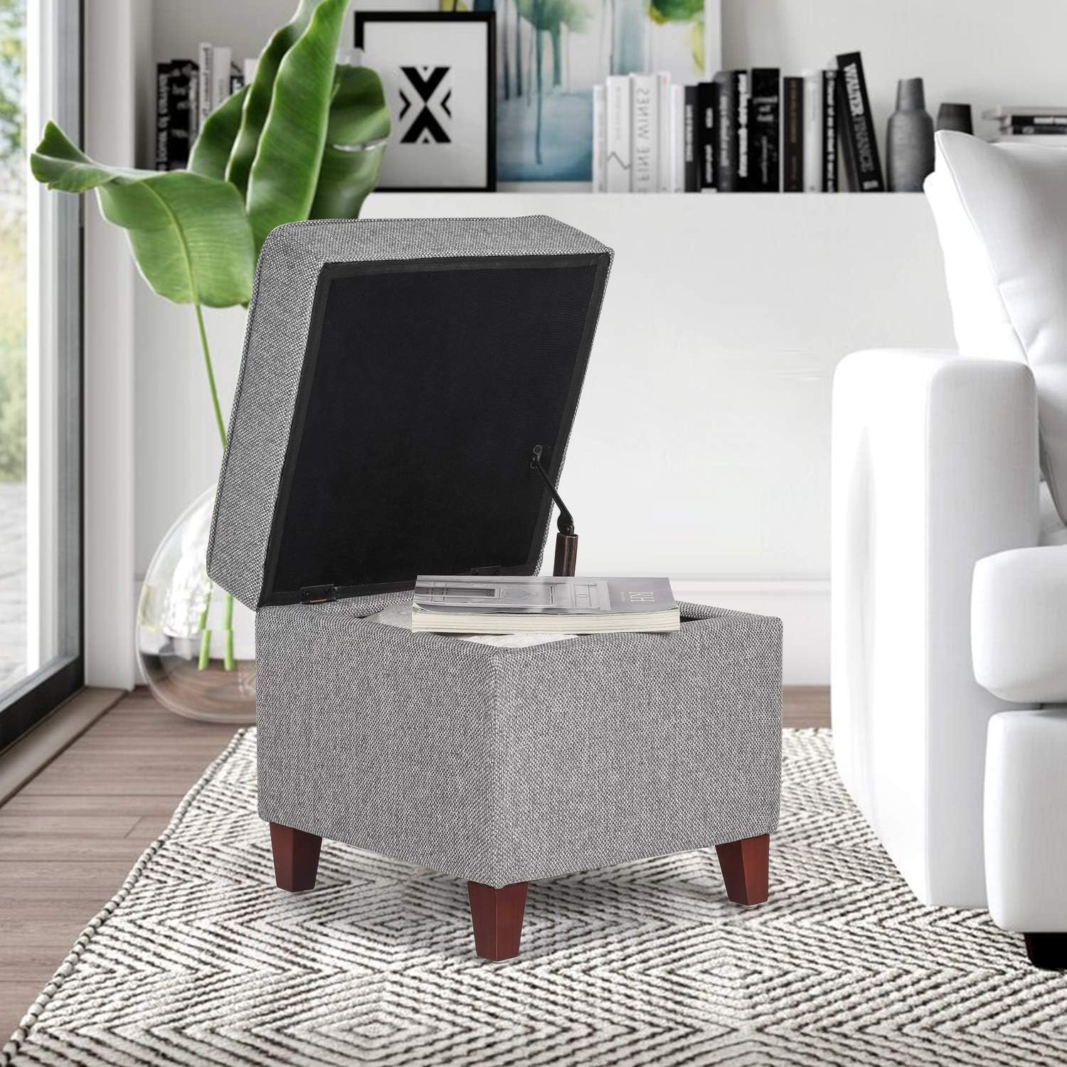 Adeco 17" Square Ottoman with Storage, Small Blue Storage Ottoman Foot Rest with Hinged Lid & Solid