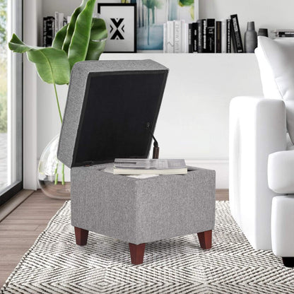 Adeco 17" Square Ottoman with Storage, Small Blue Storage Ottoman Foot Rest with Hinged Lid & Solid