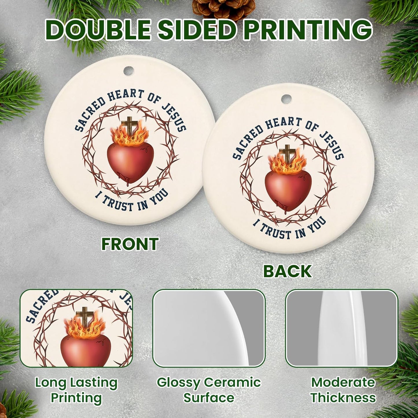 FLAGWIX Christian Gifts for Women Men - Sacred Heart Ceramic Christmas Ornaments 2025 for Tree