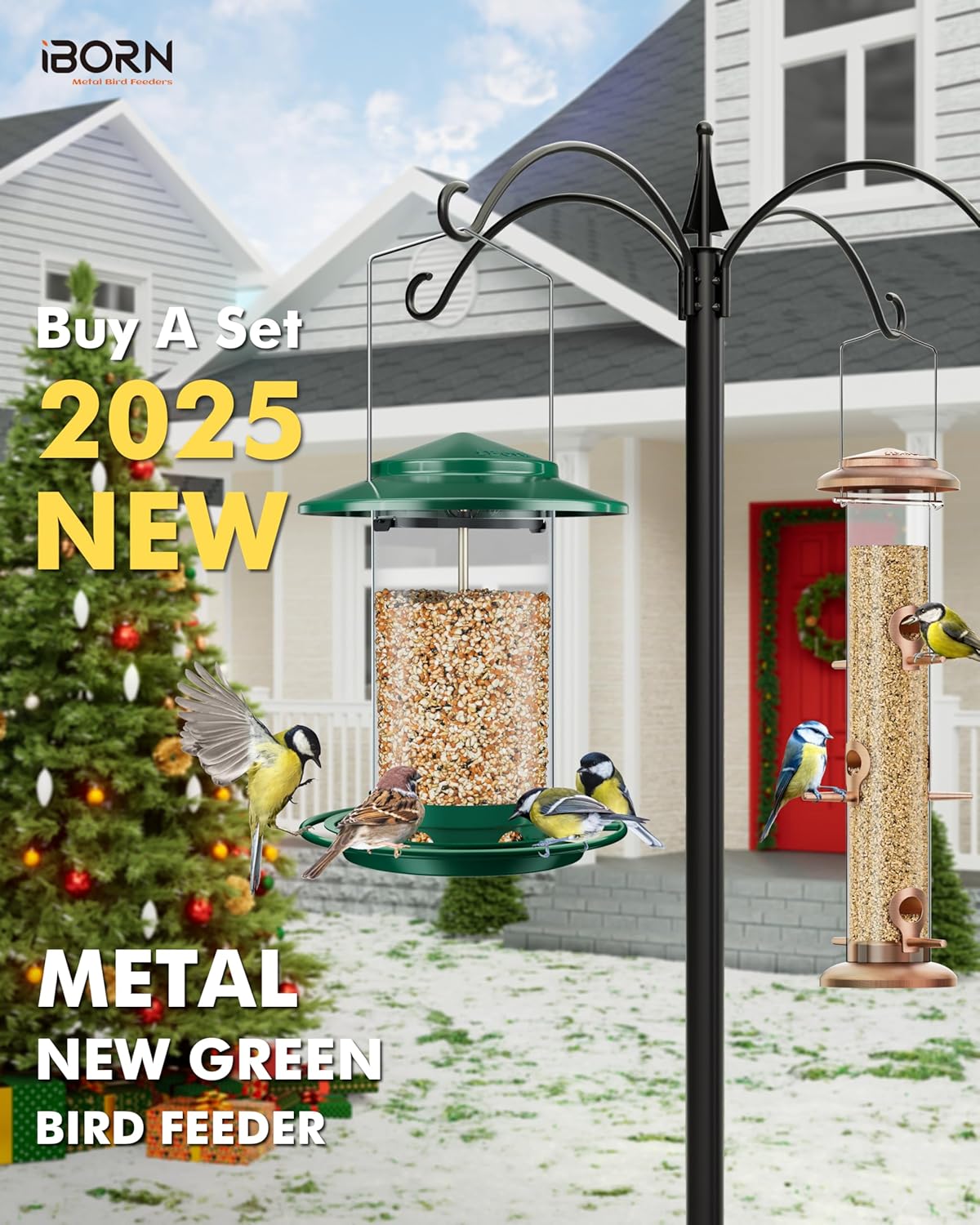iBorn Metal Bird Feeders for Outdoors Hanging,Wild Bird Feeders for Cardinal,18cm Large Roof&Tray