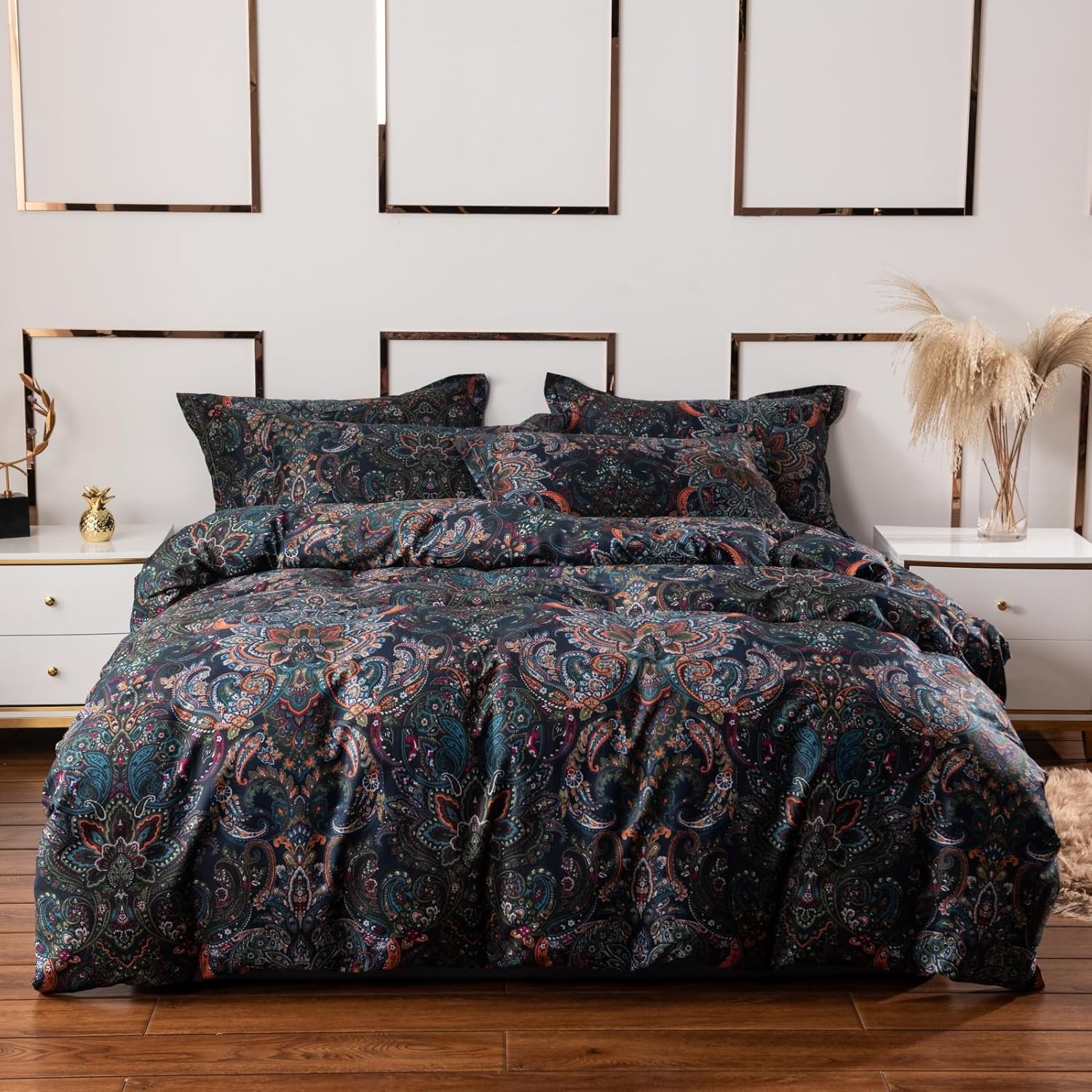 ABREEZE Luxury Vintage Black Duvet Cover Sets Damask Paisley Bedding Set Retro 100% Brushed Cotton
