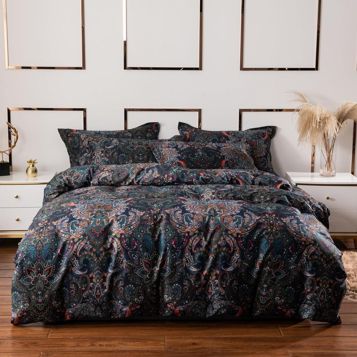 ABREEZE Luxury Vintage Black Duvet Cover Sets Damask Paisley Bedding Set Retro 100% Brushed Cotton