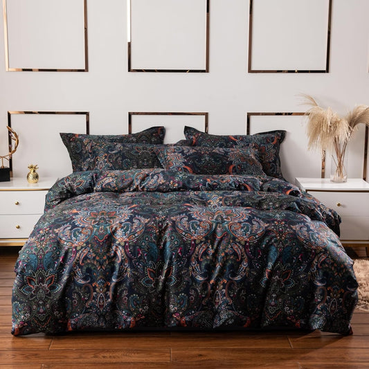 ABREEZE Luxury Vintage Black Duvet Cover Sets Damask Paisley Bedding Set Retro 100% Brushed Cotton