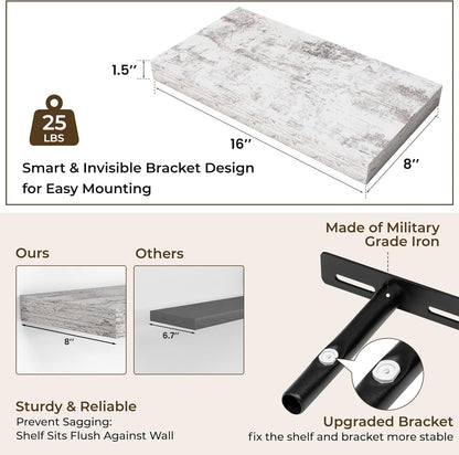 RICHFOCUS 16Inch Floating Shelves for Wall 2 Pack Shelves for Bedroom|Kitchen|Bathroom Wall Mounted