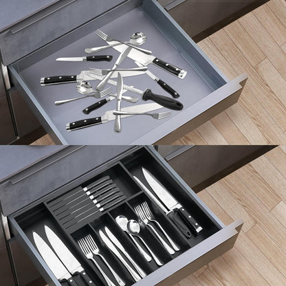 VaeFae Premium Bamboo Silverware Drawer Organizer Kitchen, Expandable Utensil Organizer with Knife