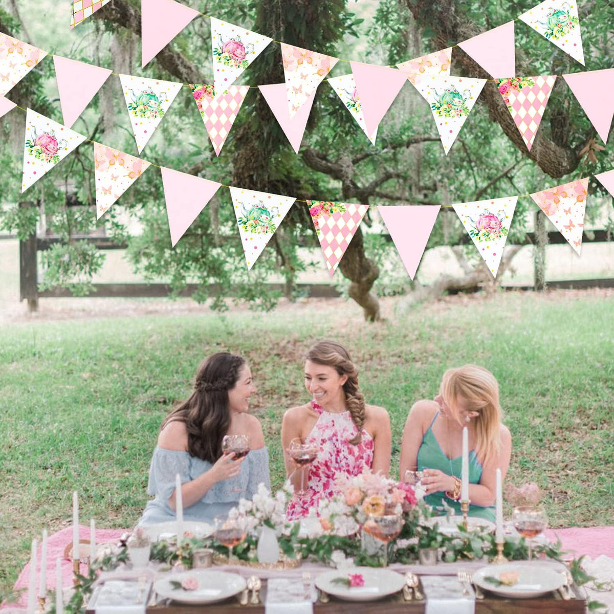 Spring Tea Party Decorations Pink and Gold Floral Flower Butterfly Teapot Teacup Plaid Paper